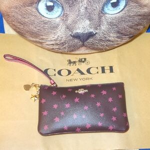 Coach Brown Wristlet with Pink Star Accents